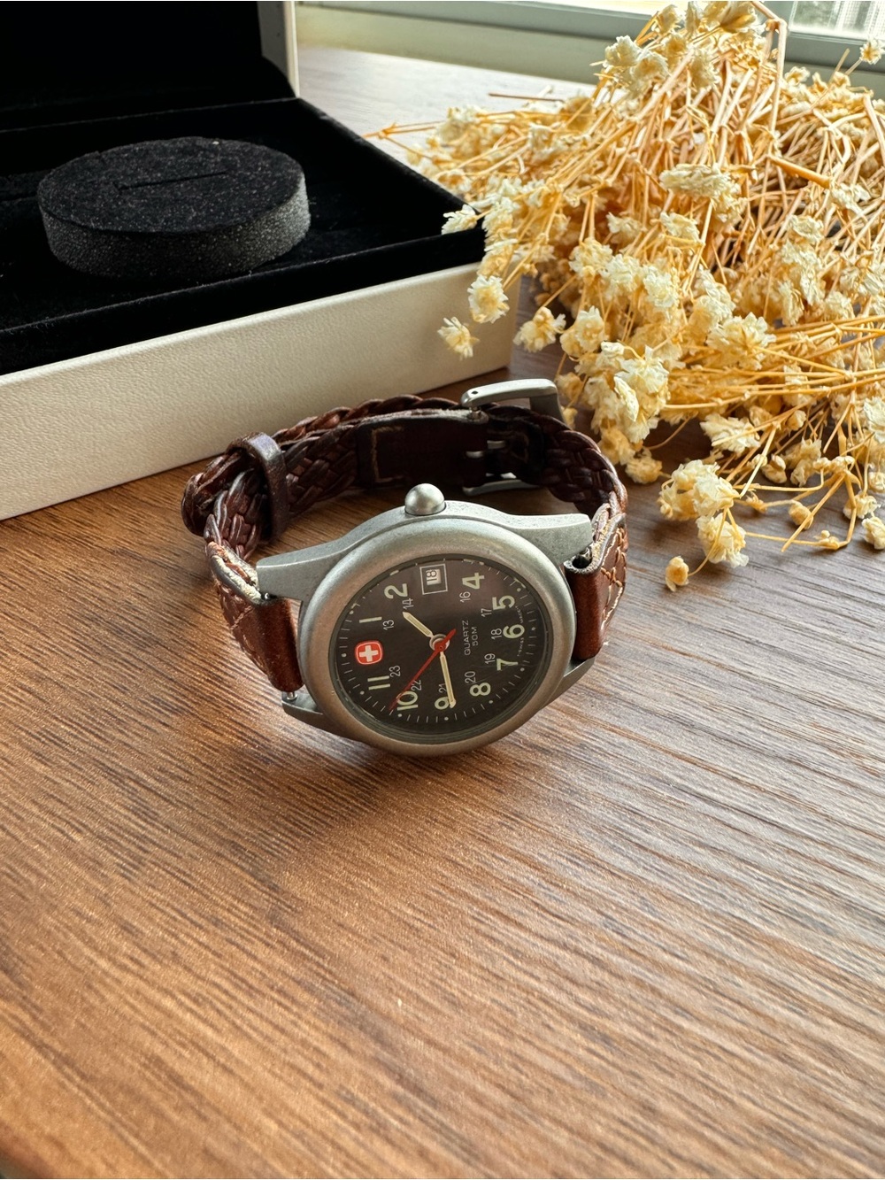 Wenger Brown Braided Leather Strap Watch with Black Dial